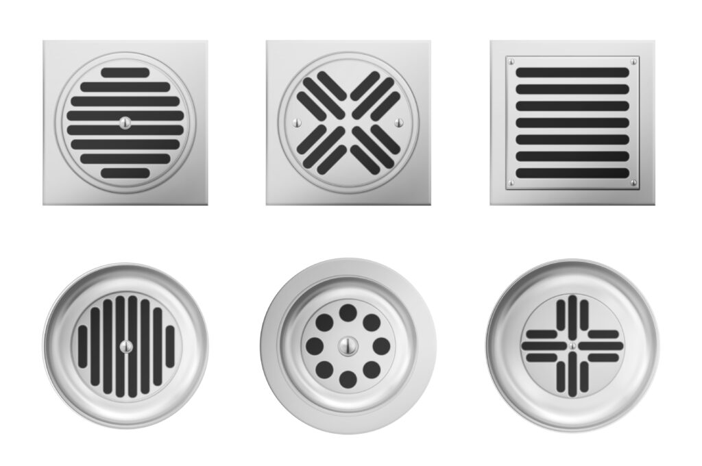 Metal drainage grates for shower or sink isolated on white background. Vector realistic set of square and round drain manhole with steel grid on sewer in bathroom or shower floor